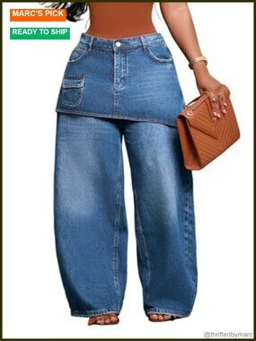 Baggy Cargo Jeans High Waisted Wide Leg Skirt Overlay Denim Pants